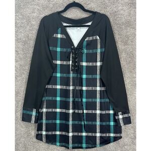 Rosegal‎ Top Womens 2X Multi Plaid Eyelet Tie Long Sleeve Pullover Tunic Blouse